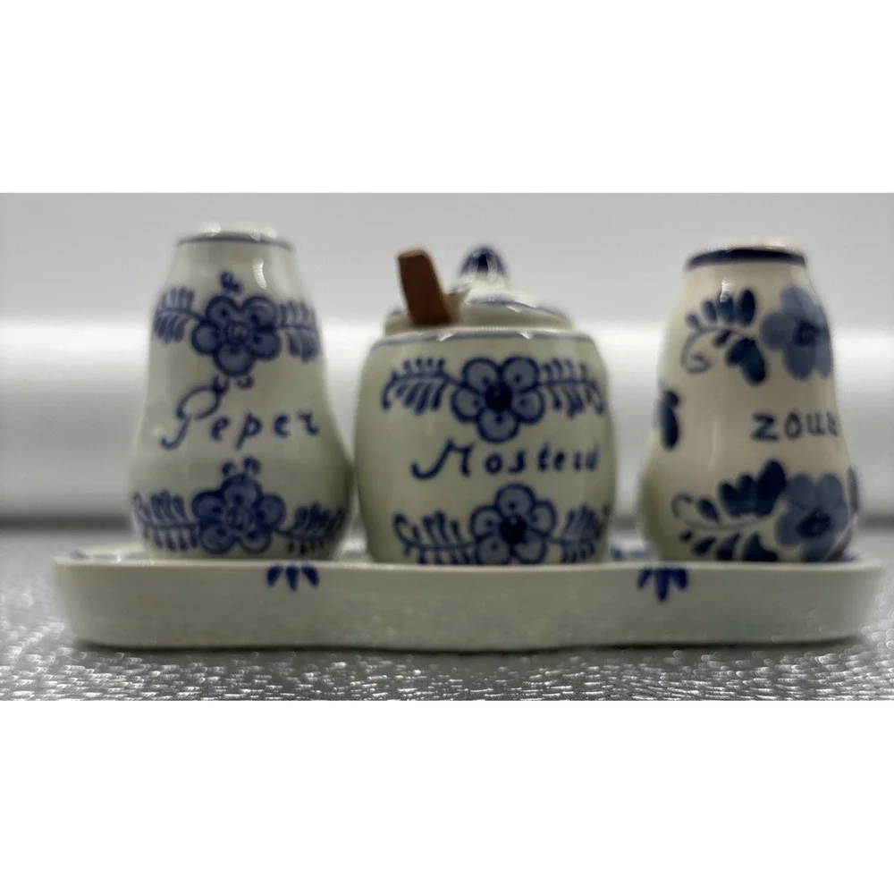 Delft Blue Netherlands Hand Painted 6‎ Piece Condiment Set Tray Wooden Spoon